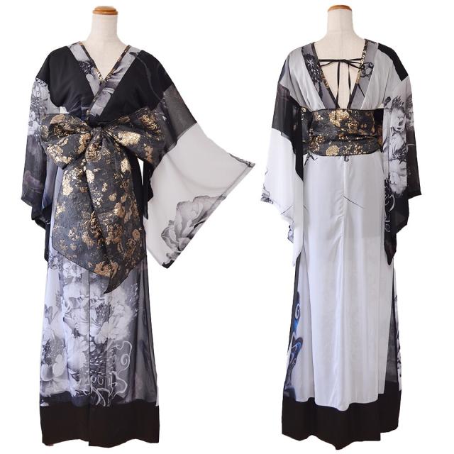 LoveRich ラブリッチ 【高級ライン】【2カラー/2点セット】オリエンタルフラワー シフォン 花柄 スリット 豪華 帯 花魁 着物ドレス キャバドレス [1560]_18