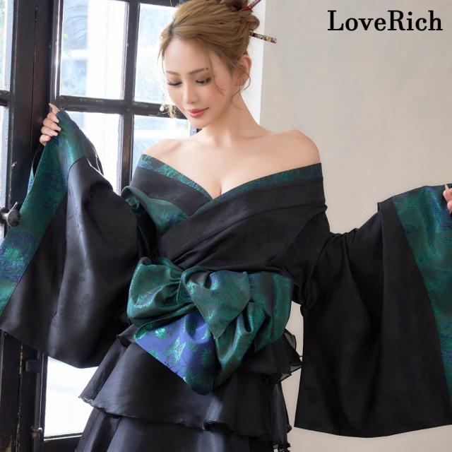 LoveRich ラブリッチ 【高級ライン/4カラー/2点セット】蝶影 花柄 蝶々 ジャガード アシンメトリー 豪華 帯 花魁 着物 コスプレ ハロウィン キャバドレス [1583]_8