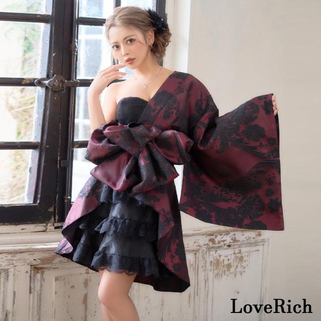 LoveRich ラブリッチ 【高級ライン】【2点セット】艶影 花柄 ワンショル フリル レース 豪華 帯 花魁 着物 ドレス コスプレ ハロウィン キャバドレス [1590]_1