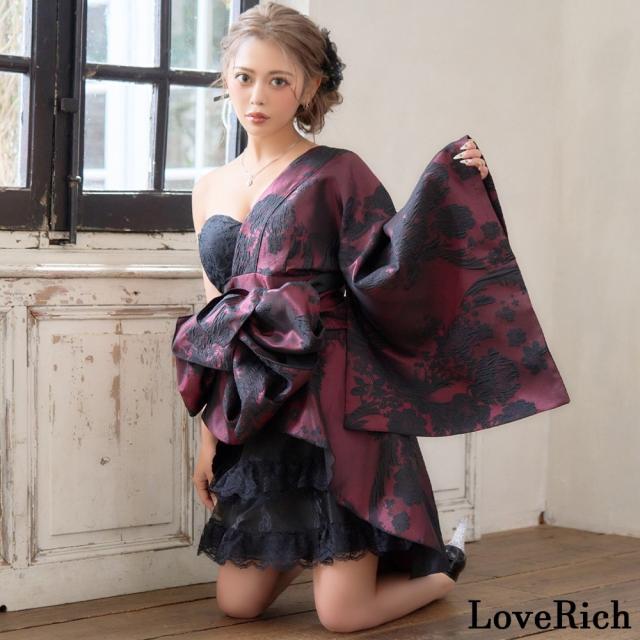 LoveRich ラブリッチ 【高級ライン】【2点セット】艶影 花柄 ワンショル フリル レース 豪華 帯 花魁 着物 ドレス コスプレ ハロウィン キャバドレス [1590]_3