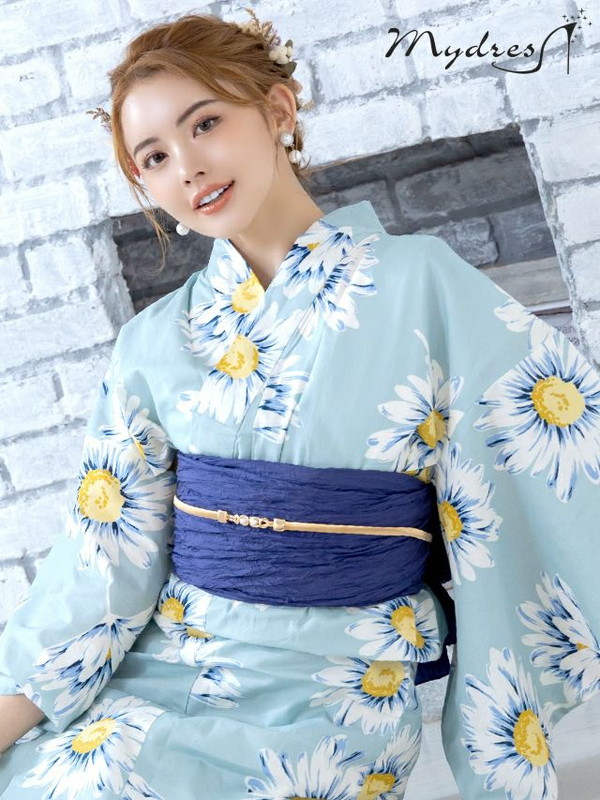 MyDress マイドレス 【浴衣セット】ミント地に木春菊文様ゆかた2点セット[H2301010] MyDress マイドレス 【浴衣セット】ミント地に木春菊文様ゆかた2点