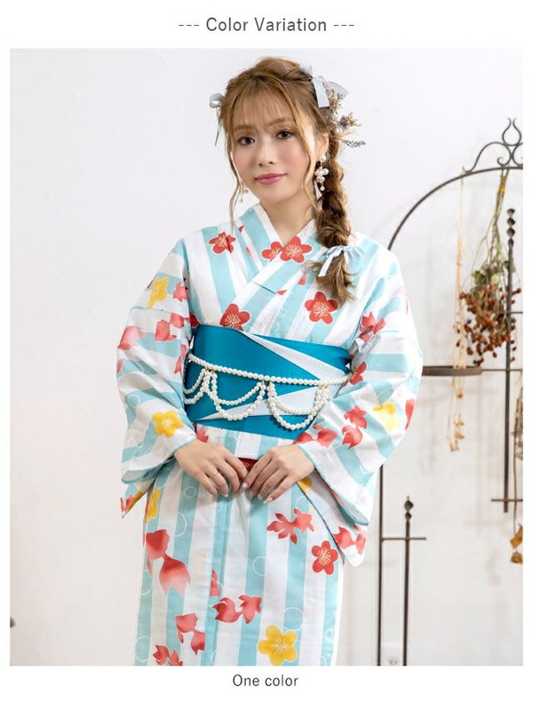 レディース浴衣 163cm 青ストライプ 金魚 浴衣[水色・金魚]｜着物