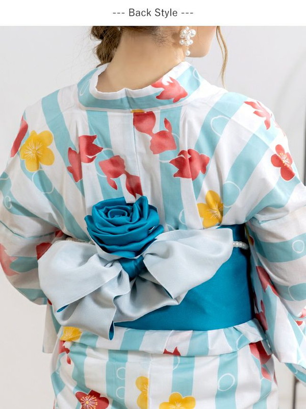 MyDress マイドレス 【浴衣セット】水色ストライプ地に金魚と梅文様