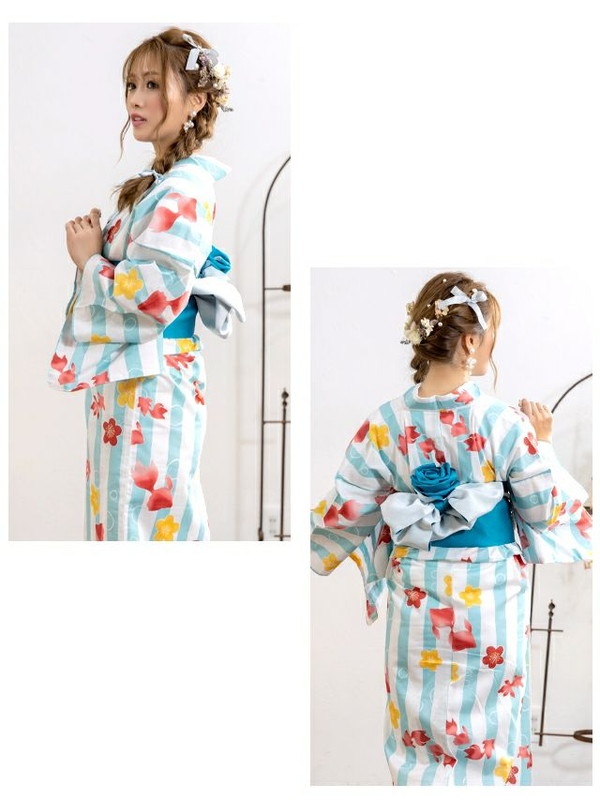 MyDress マイドレス 【浴衣セット】水色ストライプ地に金魚と梅文様