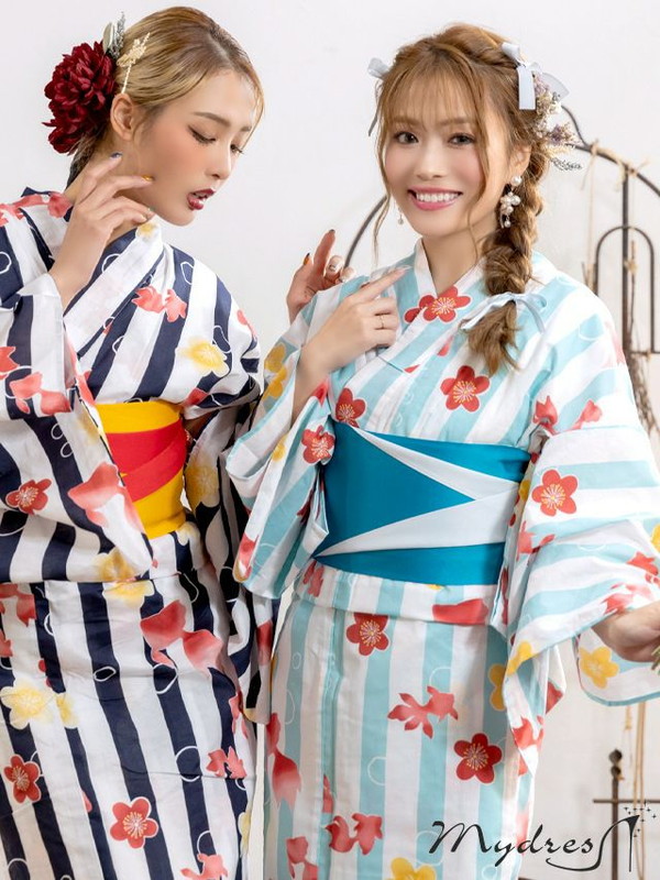 MyDress マイドレス 【浴衣セット】水色ストライプ地に金魚と梅文様ゆかた2点セット[H2301015] MyDress マイドレス 【浴衣セット】水色ストライプ地に金魚と梅文様