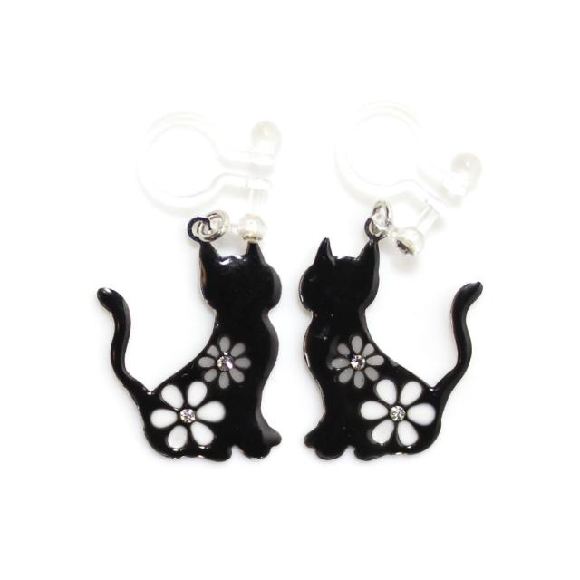 イヤリング ノンホールピアス 樹脂 白猫 黒猫 花 揺れる 金属 