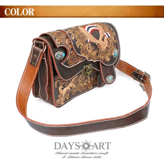 本革 ショルダーバッグ フラワーカービング 打ち掛け留め具 硬質レザー