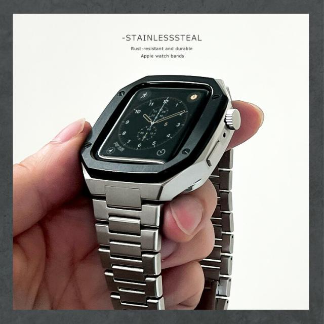 アップルウォッチ ケース ハードカバー ネジ不要 バンド メンズ 高級 替え ベルト 保護カバー 金属アレルギー 対応 サージカルステンレス Apple Watch 45mm Series 7 8 9 ab-wc006_16