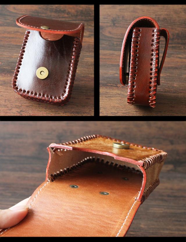 レザー製ダークブラウンケース財布やタバコ入れ コインケース 本革 栃木レザー コンパクト ラウンド カラビナ