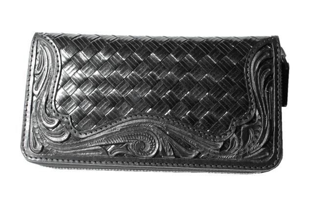 イタリアンレザー編込み アラベスクカービング 牛革ラウンドファスナー