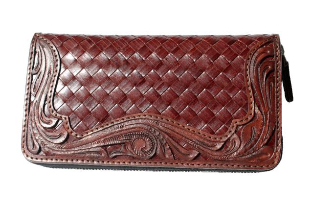 イタリアンレザー編込み アラベスクカービング 牛革ラウンドファスナー