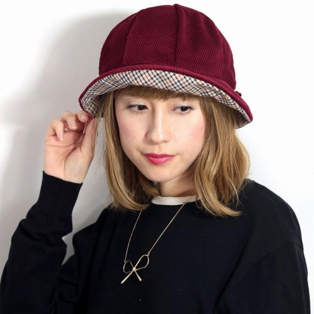 コーデュロイ ハット クロシェ DAKS 帽子 レディース 秋冬 チェック 婦人帽子 ダックス 高品質 つば付き 帽子 細畝 corduroy hat ミセスハット Mサイズ ワイン ( クリスマス ギフト包装 ラッピング無料 )