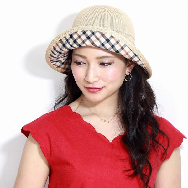 DAKS レディース 綿ロード ダウンハット 日本製 チェック 柄 春 夏 帽子 Mサイズ 婦人 ダックス サマーニット ミセス クロシェハット 涼しい 日よけ UV対策 手洗い可 帽子 つば裏 ハウスチェック / ベージュ［ hat ］母の日 ギフト 女性 誕生日 プレゼント 帽子 敬老の日_7