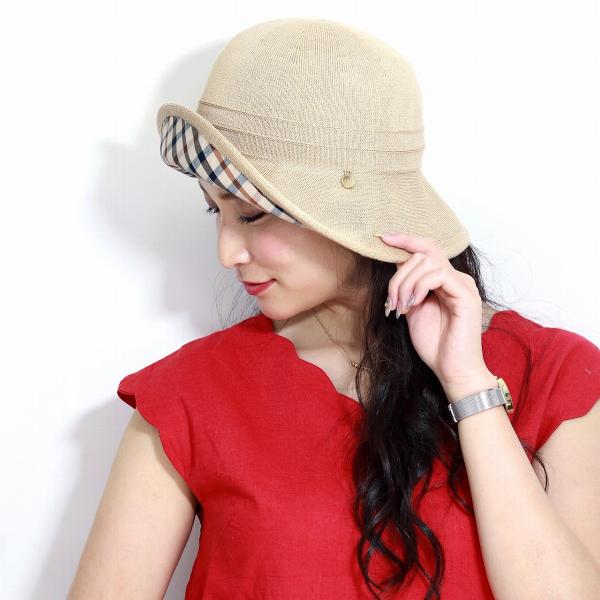 DAKS レディース 綿ロード ダウンハット 日本製 チェック 柄 春 夏 帽子 Mサイズ 婦人 ダックス サマーニット ミセス クロシェハット 涼しい 日よけ UV対策 手洗い可 帽子 つば裏 ハウスチェック / ベージュ［ hat ］母の日 ギフト 女性 誕生日 プレゼント 帽子 敬老の日_8