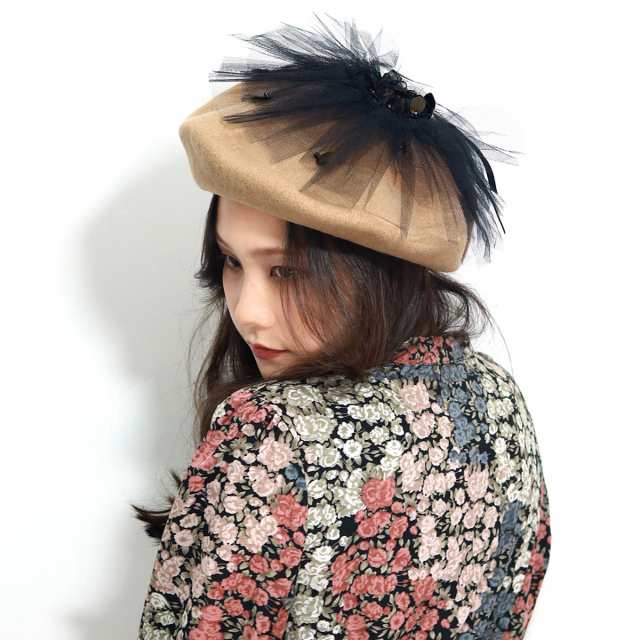 ベレー帽 可愛い チュール 帽子 レディース 秋冬 バラ色の帽子