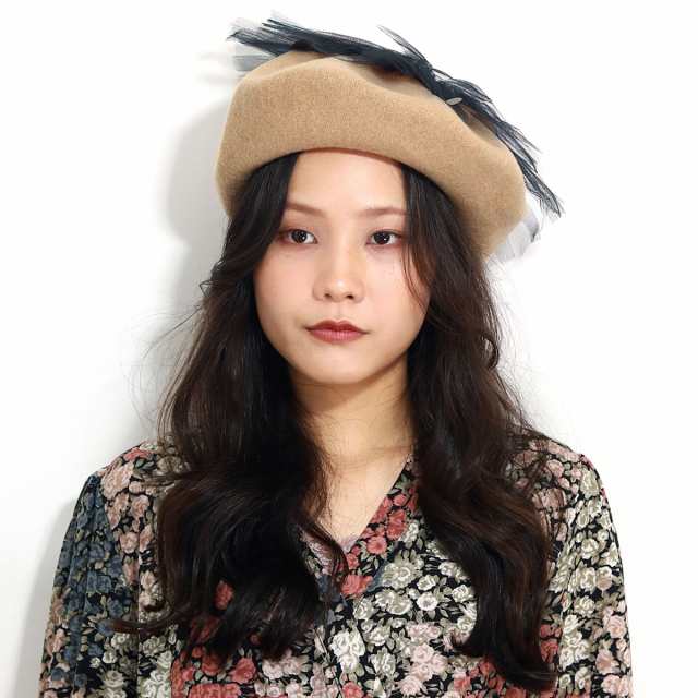 ベレー帽 可愛い チュール 帽子 レディース 秋冬 バラ色の帽子