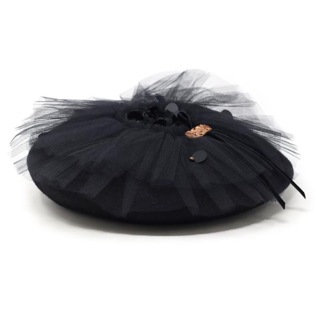 ベレー帽 可愛い チュール 帽子 レディース 秋冬 バラ色の帽子