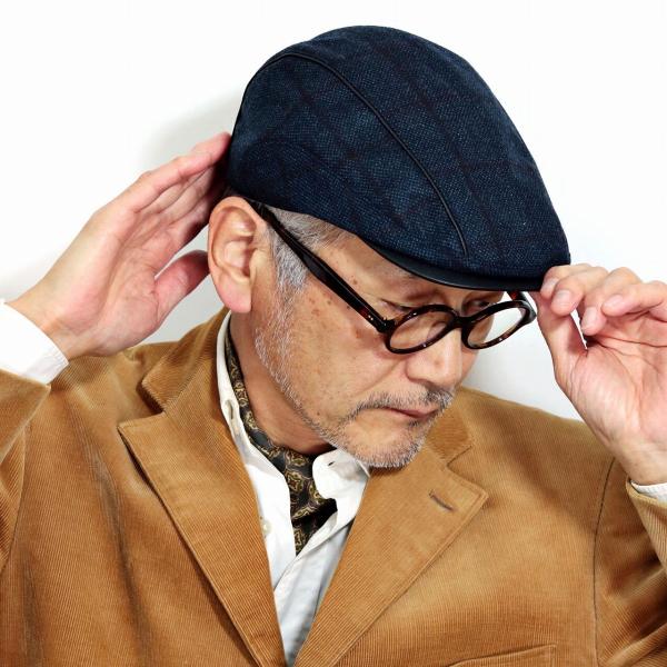 帽子 ANGELICO 生地 ハンチング チェック柄 マツイ ハンチング帽 イタリア産生地 ウール100% チェック 裏地ペイズリー 日本製 大きいサイズ M L LL サイズ調整付き / 紺 ネイビー [ ivy cap ] 父の日