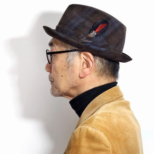 STETSON ステットソン 帽子 メンズ 中折れハット チェック柄 アメリカ イタリア生地 DUCA VISCONTI DI MODRONE 帽子 ハット 茶 ブランド コーデュロイ生地 ブラウン［ fedora ］敬老の日 ギフト 洗い加工 メール便 オールシーズンの通販は