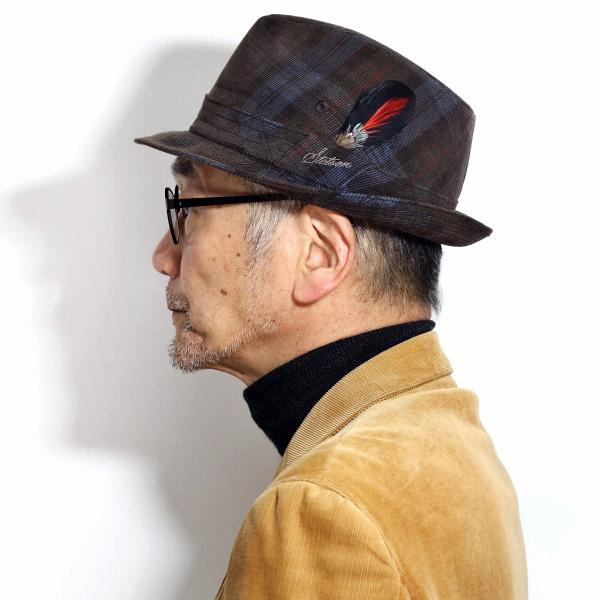 STETSON ステットソン 帽子 メンズ 中折れハット チェック柄 アメリカ イタリア生地 DUCA VISCONTI DI MODRONE 帽子 ハット 茶 ブランド コーデュロイ生地 ブラウン［ fedora ］敬老の日 ギフト 洗い加工 メール便 オールシーズンの通販は