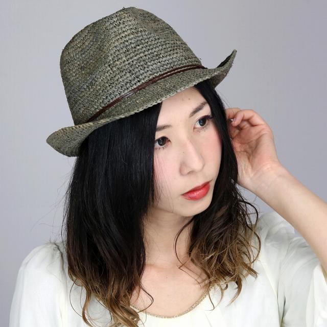 ストローハット かぎ針編み ラフィア 中折れハット コンチョ付き 帽子