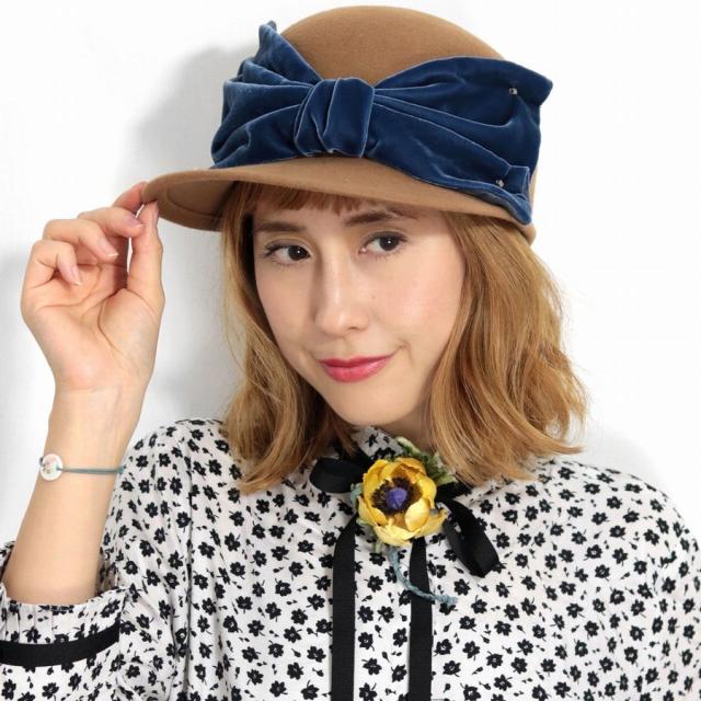 バラ色の帽子 キャップ レディース リボン ウール 別珍リボンキャス 日本製 秋冬 レディース 帽子 暖かい素材 フェルト素材 Barairo no boushi ミセスハット 青 りぼん キャメル