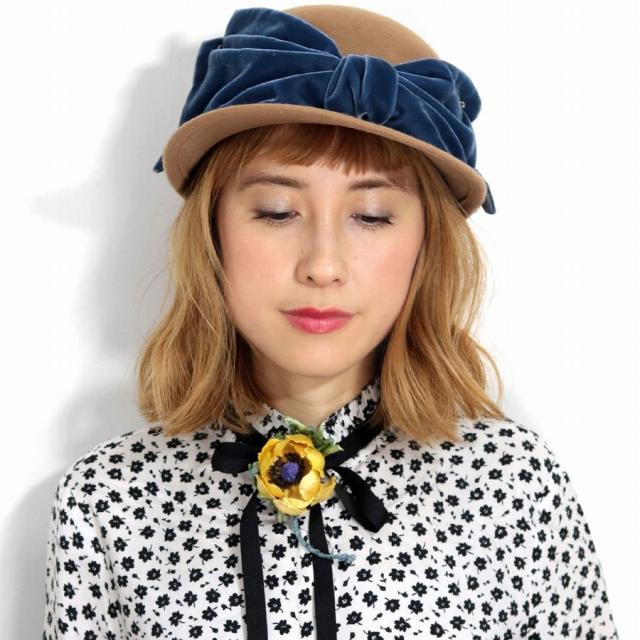 バラ色の帽子 キャップ レディース リボン ウール 別珍リボンキャス 日本製 秋冬 レディース 帽子 暖かい素材 フェルト素材 Barairo no boushi ミセスハット 青 りぼん キャメル_8