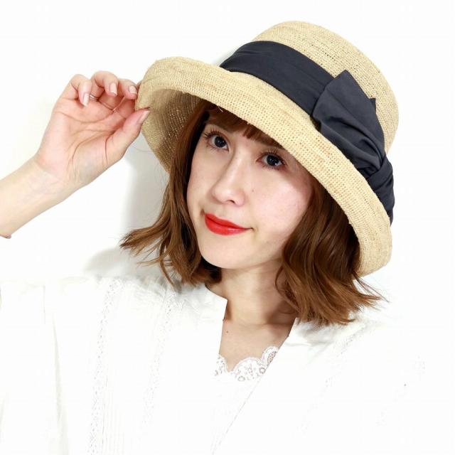 ラフィアハット 麦わら帽子 レディース WUY ビッグリボン 草木染め