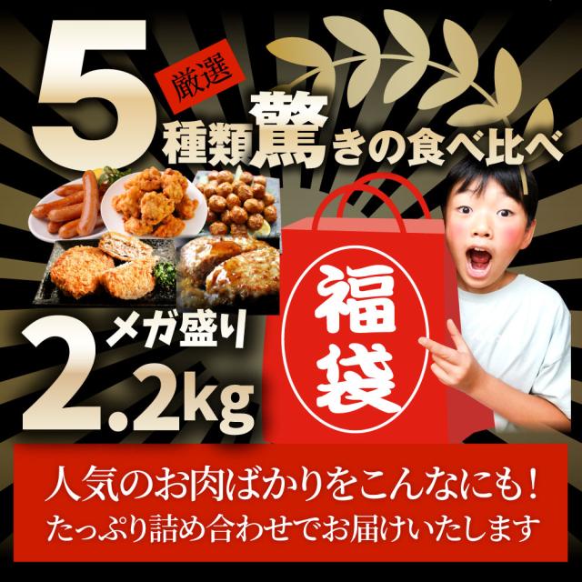 肉の福袋 5種 メガ盛り切り 2.2kg 大収容能力 ハンバーグ メンチカツ 肉団子 唐揚げ 腸詰め 惣菜 売れ筋  お肉の しゃぶまる