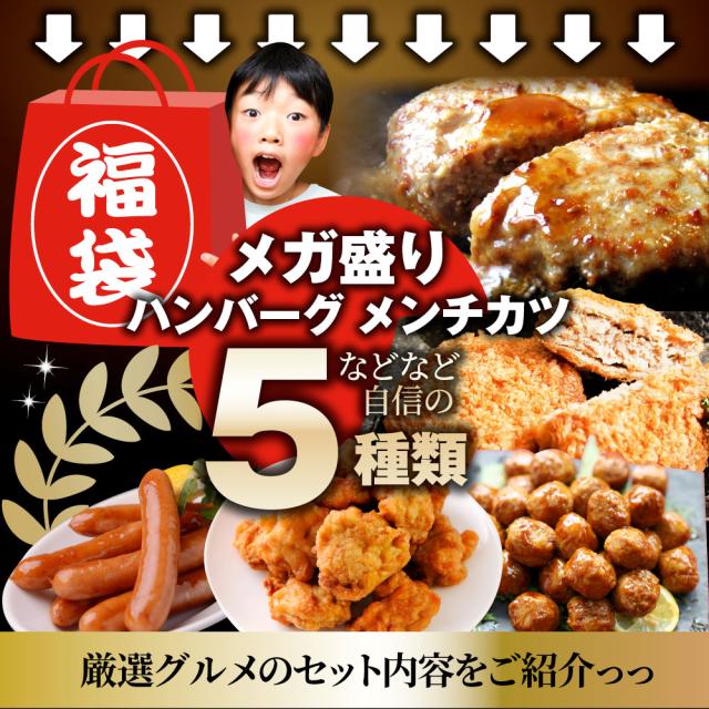 肉の福袋 5種 メガ盛り切り 2.2kg 大収容能力 ハンバーグ メンチカツ 肉団子 唐揚げ 腸詰め 惣菜 売れ筋  お肉の しゃぶまる