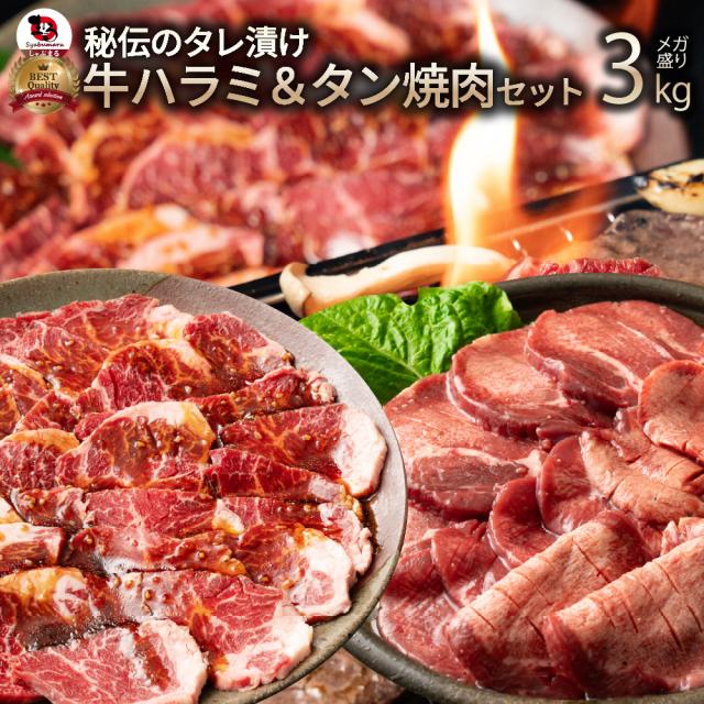 タレ漬け 牛ハラミ ＆ 牛タン 焼肉セット 3kg（250g×12） 肉 牛肉 タレ 赤身 はらみ たん 秘伝 焼肉セット 焼肉 ランキング1位 やきにく ハラミ アウトドア お家焼肉 レジャー 送料無料 バーベキュー 肉 食材 セット キャンプ キャンプ飯 お肉の しゃぶまる