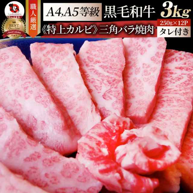 A4,A5等級 特選 黒毛和牛 三角バラ カルビ焼肉 3kg（250g×12） 今だけ焼肉のタレ付き 凍眠 テクニカン【 牛肉 和牛 牛 牛 焼肉 バーベキュー BBQ  肉 カルビ ＢＢＱ 焼き肉 国産 肉 バレンタイン ギフト 食品 プレゼント A5等級 A4等級 】  お肉の しゃぶまる