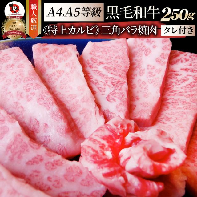 A4,A5等級 特選 黒毛和牛 三角バラ カルビ焼肉 250g 今だけ焼肉のタレ付き 凍眠 テクニカン【 牛肉 和牛 牛 牛 焼肉 バーベキュー BBQ  肉 カルビ ＢＢＱ 焼き肉 国産 肉 ギフト プレゼント 食品 プレゼント A5等級 A4等級 】 お肉の しゃぶまる
