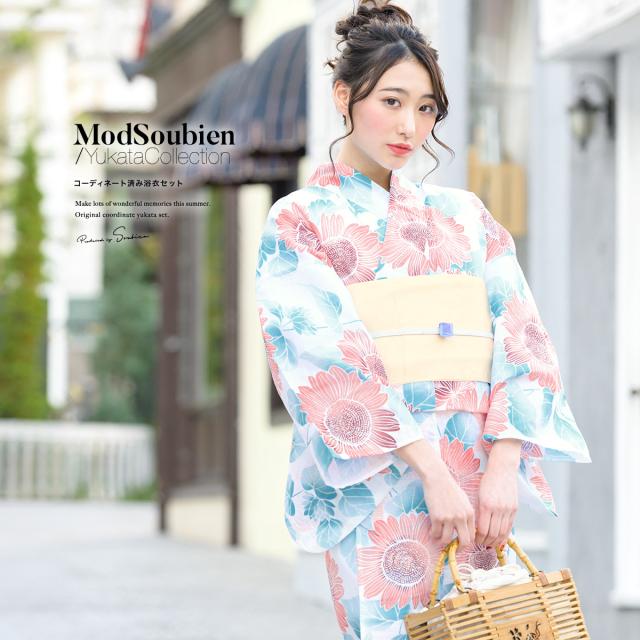 浴衣 レディース セット 浴衣セット 作り帯 大人 2024 2点セット（浴衣/帯） 水色 薄黄色 クリーム 向日葵 花 ラメ 綿 夏 ボヌールセゾン フリー 送料無料の通販は