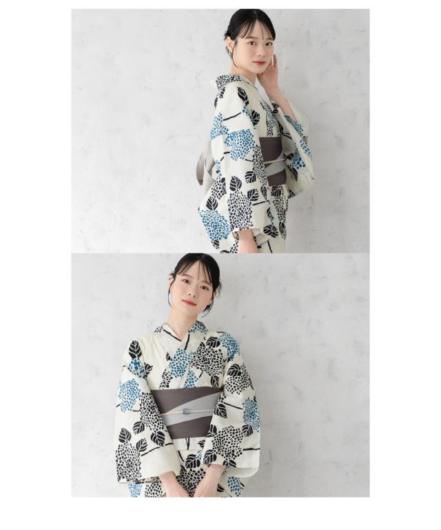 浴衣 セット レディース 浴衣セット 半幅帯 2024 大人 3点セット モダン 生成り 青 グレー ホワイト 紫陽花 花 綿 帯 フリーサイズ 送料無料 浴衣 セット レディース 浴衣セット 半幅帯 2024 大人 3点セット