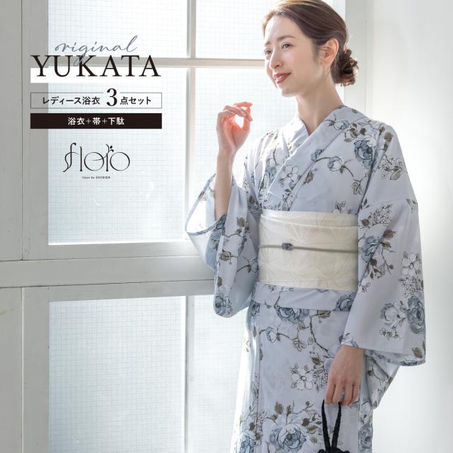 浴衣 セット レディース 浴衣セット 半幅帯 2025 floro 簡単 涼しい コーディネート済み 水色 白 花柄 30代 40代 50代 下駄 S フリー 送料無料