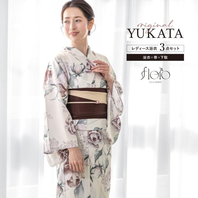浴衣 セット レディース 浴衣セット 半幅帯 2025 floro 簡単 涼しい コーディネート済み クリーム 赤茶 花柄 30代 40代 50代 下駄 S フリー 送料無料