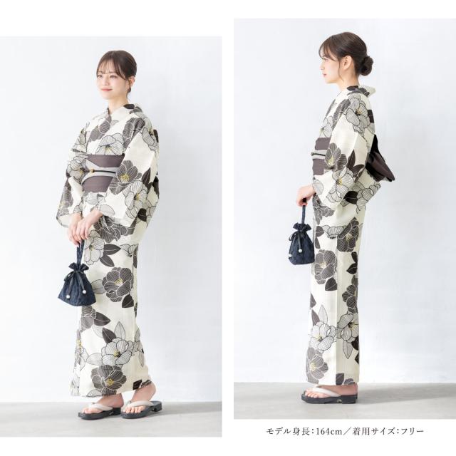浴衣 セット レディース 浴衣セット 半幅帯 2025 floro 簡単 涼しい コーディネート済み 黒 オフホワイト グレー 椿 花柄 モダン おしゃれ 可愛い 下駄 S フリー 送料無料 浴衣 セット レディース 浴衣セット 半幅帯 2025 floro 簡単 涼しい