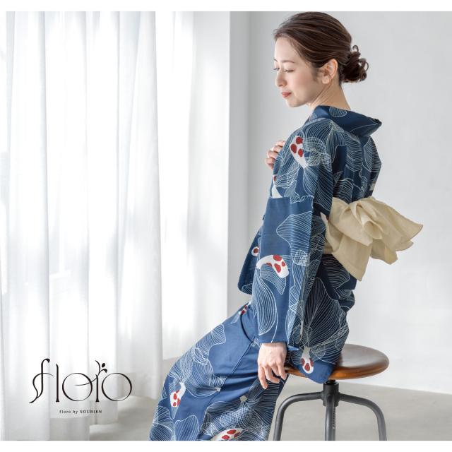 浴衣 セット レディース 浴衣セット 兵児帯 2025 floro 簡単 涼しい コーディネート済み 紺 白 鯉 30代 40代 50代 下駄 S フリー 送料無料 浴衣 セット レディース 浴衣セット 兵児帯 2025 floro 簡単 涼しい