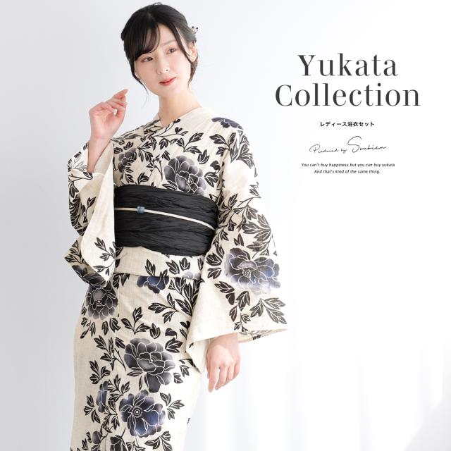 浴衣 セット レディース 浴衣セット 兵児帯 2025新作 3点セット 簡単 涼しい 黒 紺 ベージュ レトロ 花柄 フラワー 綿麻 大人 おしゃれ トレンド 帯 下駄 フリーサイズ 送料無料