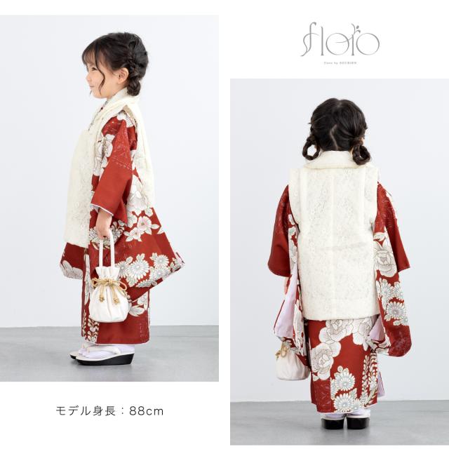 七五三 着物 3歳 レトロ 被布 2026新作 販売 女の子 三歳 着物セット 被布コート 襦袢 草履 セット floro かわいい おしゃれ 赤 白 花柄 和装 女児 子供 送料無料_2