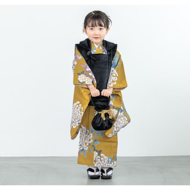 七五三 着物 3歳 レトロ 被布 販売 女の子 三歳 着物セット 被布コート 襦袢 草履 セット floro かわいい おしゃれ からし色 黄色 黒 花柄 和装 女児 子供 送料無料_3