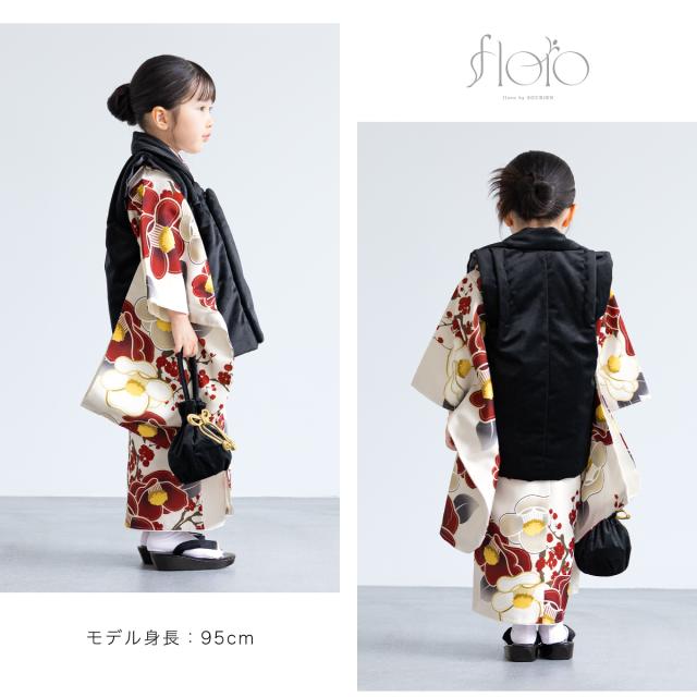 七五三 着物 3歳 レトロ 被布 2025新作 販売 女の子 三歳 着物セット 被布コート 襦袢 草履 セット floro かわいい おしゃれ ベージュ 黒 花柄 和装 女児 子供 送料無料_2