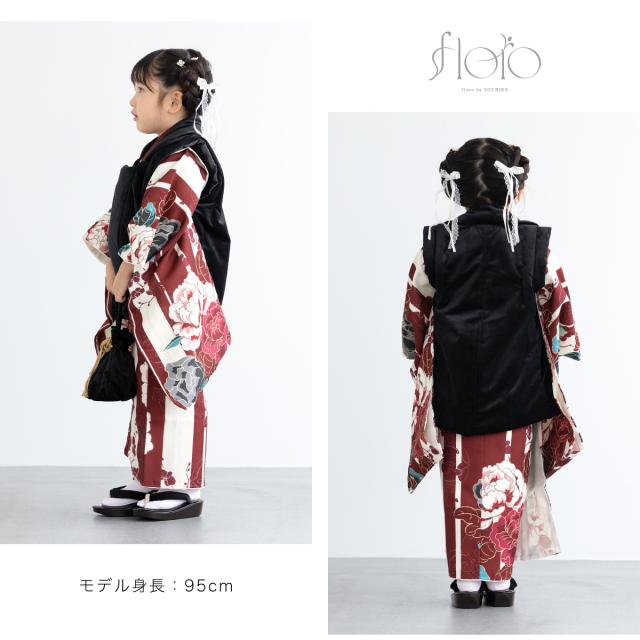 七五三 着物 3歳 レトロ 被布 販売 女の子 三歳 着物セット 被布コート 襦袢 草履 セット floro かわいい おしゃれ 白 赤 黒 花柄 和装 女児 子供 送料無料_2