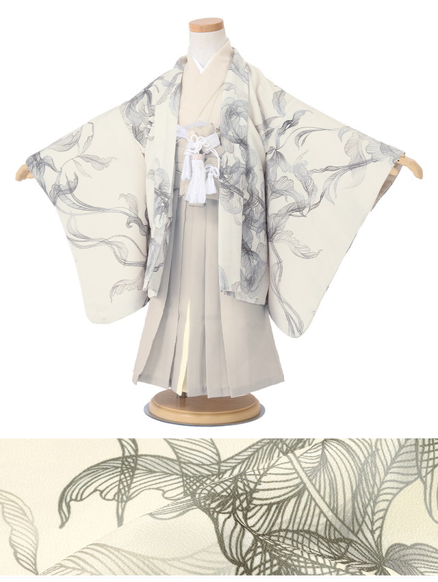 七五三 着物 3歳 販売 三歳 着物 男の子 袴 アイボリー系 グレー系 葉 レトロ モダン 和服 和装 子供 送料無料_1