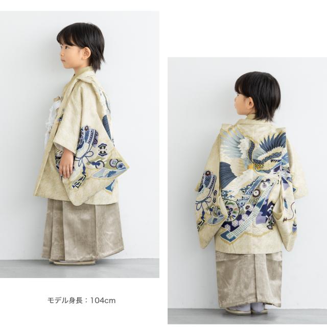 七五三 着物 5歳 販売 五歳 袴セット 羽織 半襦袢 袴帯 羽織紐 扇子 懐剣 お守り袋 雪駄 セット 鷹 ベージュ ゴールド 男の子 和服 男児 送料無料_2