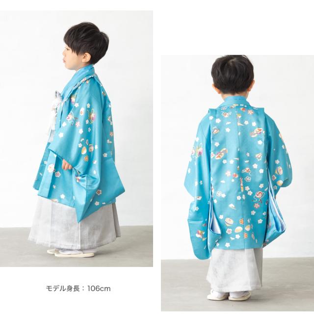 七五三 着物 5歳 2025新作 販売 五歳 袴セット 10点セット 羽織 着物 半襦袢 袴帯 羽織紐 扇子 懐剣 お守り袋 雪駄 セット 男の子 青 ブルー シルバー 貝 梅 手毬 狛犬 和服 男児 送料無料_2
