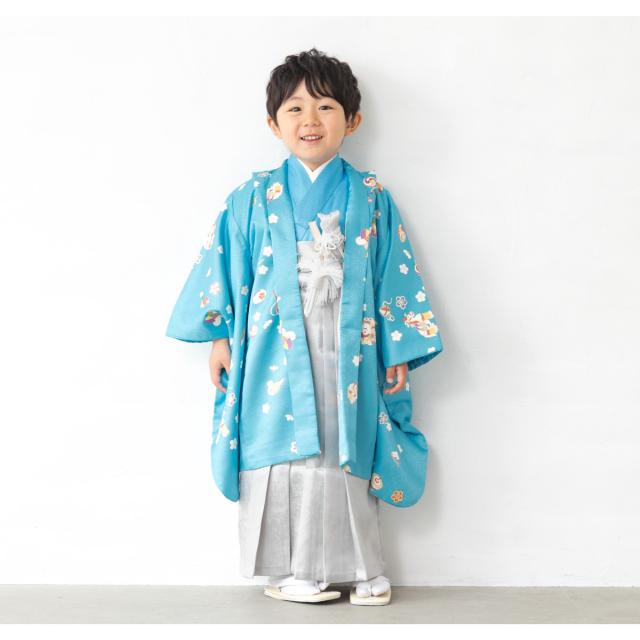 七五三 着物 5歳 2025新作 販売 五歳 袴セット 10点セット 羽織 着物 半襦袢 袴帯 羽織紐 扇子 懐剣 お守り袋 雪駄 セット 男の子 青 ブルー シルバー 貝 梅 手毬 狛犬 和服 男児 送料無料_3