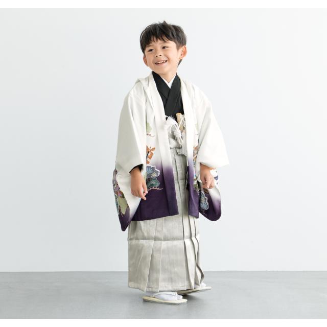 七五三 着物 男の子 5歳 2026 袴セット 10点セット 羽織 着物 半襦袢 袴 帯 羽織紐 扇子 懐剣 お守り袋 雪駄 セット 白 紫 黒 和服 男児 五歳 753 購入 男児 販売 お正月 肩上げ済 創美苑 送料無料_3