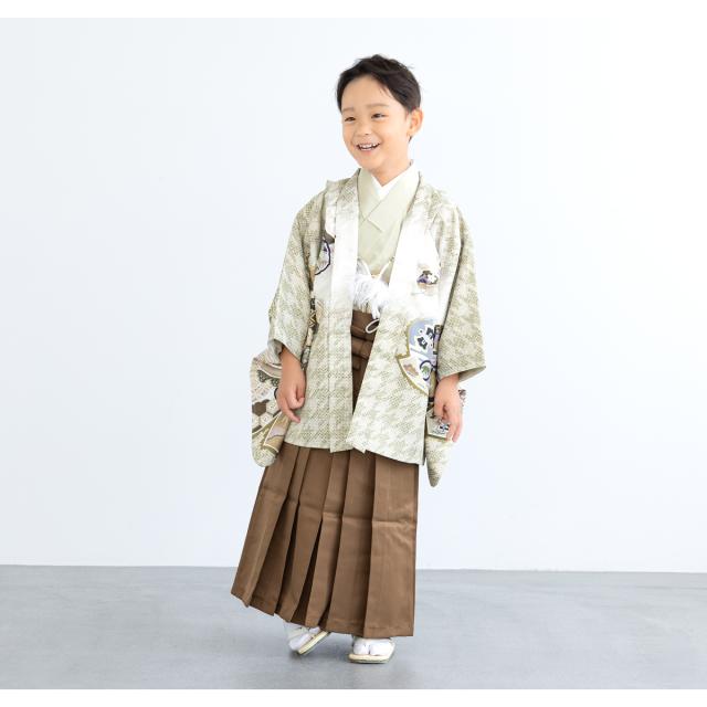 七五三 着物 男の子 5歳 袴セット 2026 10点セット 羽織 着物 半襦袢 袴 帯 羽織紐 扇子 懐剣 お守り袋 雪駄 セット ベージュ ブラウン 和服 男児 五歳 753 購入 販売 お正月 肩上げ済 創美苑 送料無料_3
